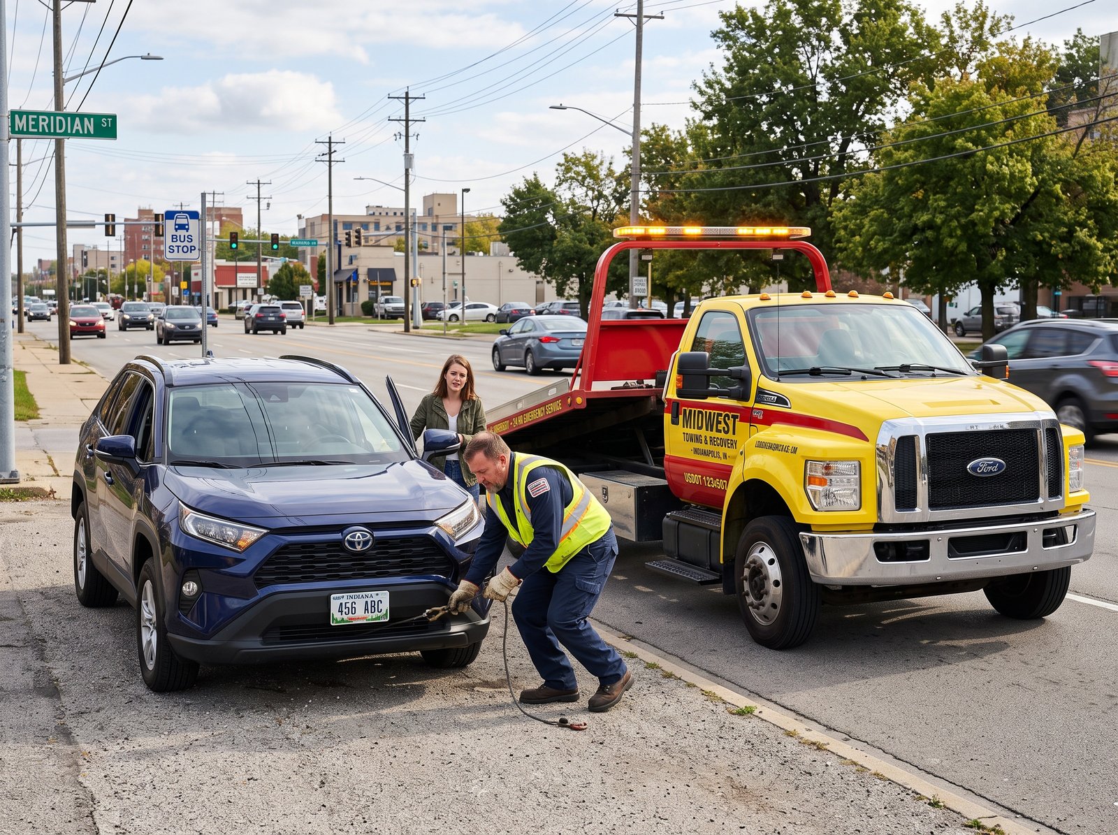 Tow truck driver assisting a stranded motorist on a South Bend, Indiana street during the day