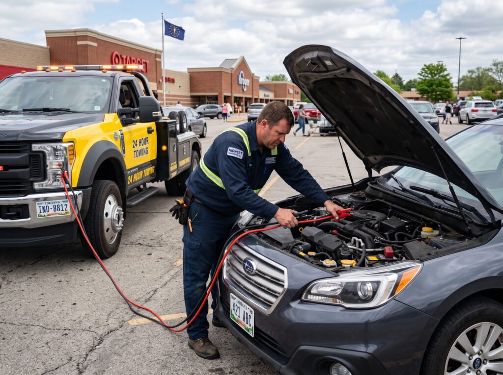 Tow truck technician connecting jumper cables to a car battery in South Bend, Indiana