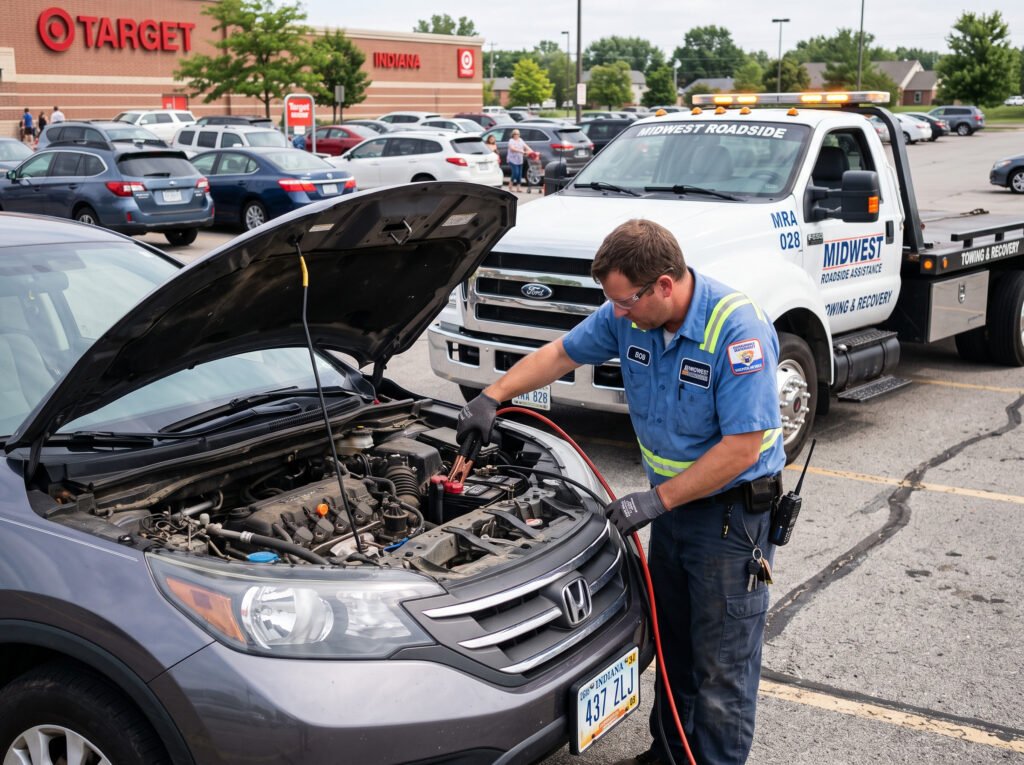 Tow truck technician connecting jumper cables to a car battery in Mishawaka, Indiana