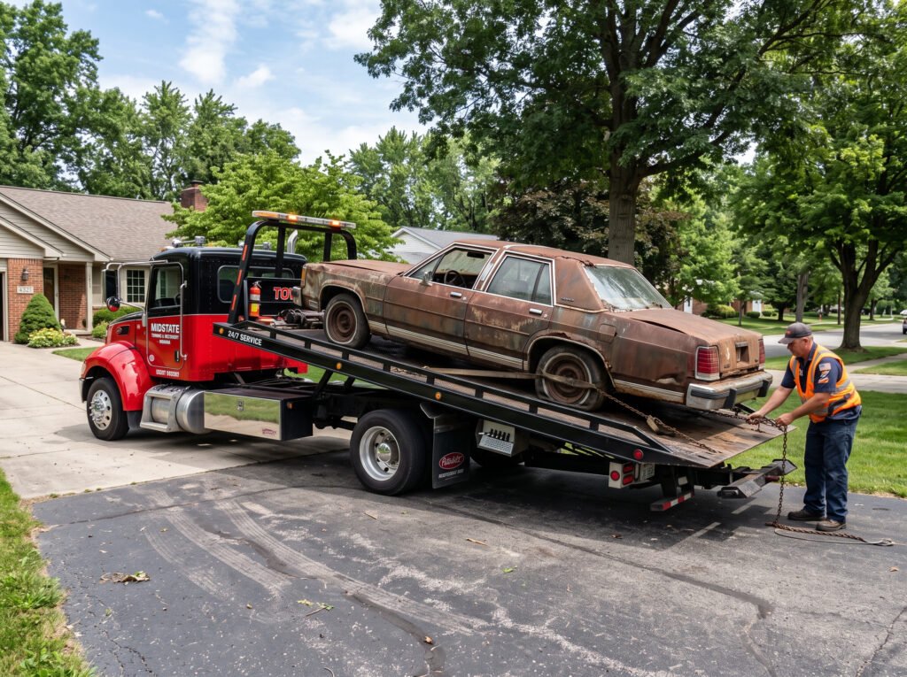 Tow truck hauling away an old junk car from a driveway in South Bend, Indiana
