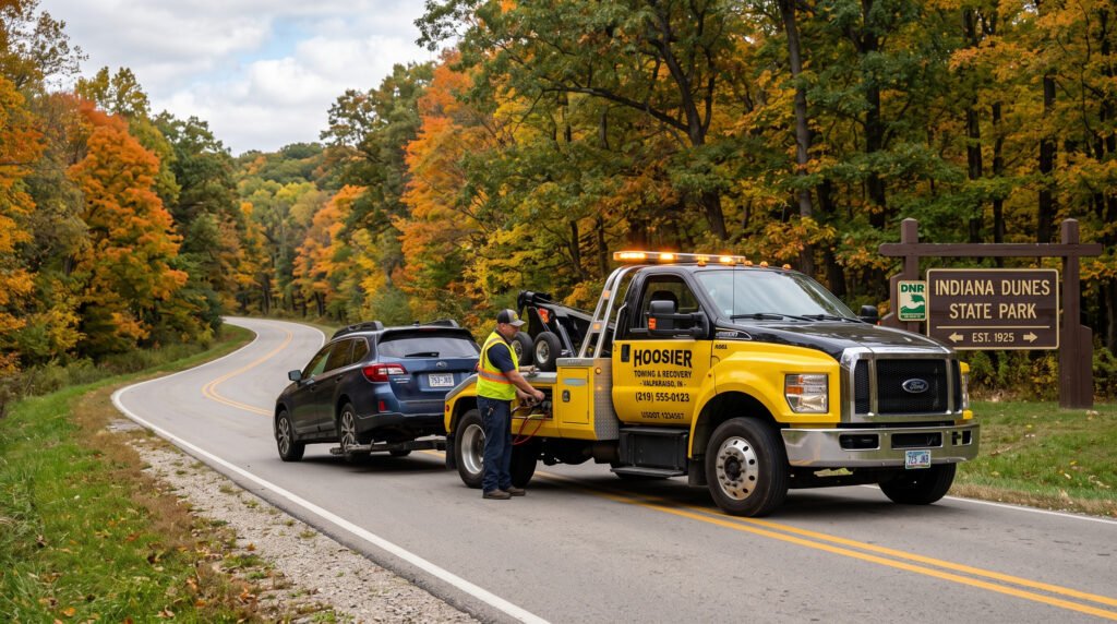 Tow truck on a rural road near a state park entrance close to Lakeville, Indiana