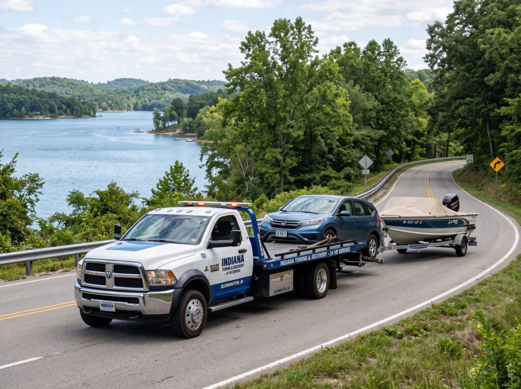 Tow truck towing a car with a boat trailer attached on a rural road near a lake in Lakeville, Indiana