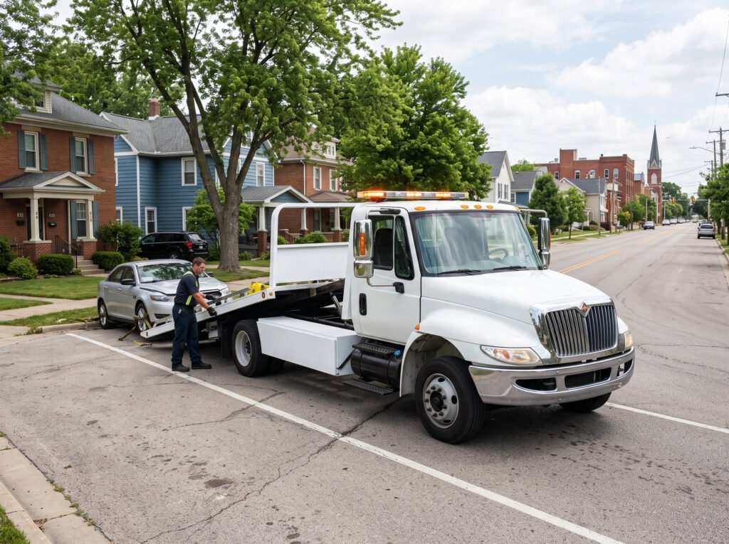 White flatbed tow truck responding on a residential street near downtown Elkhart, Indiana