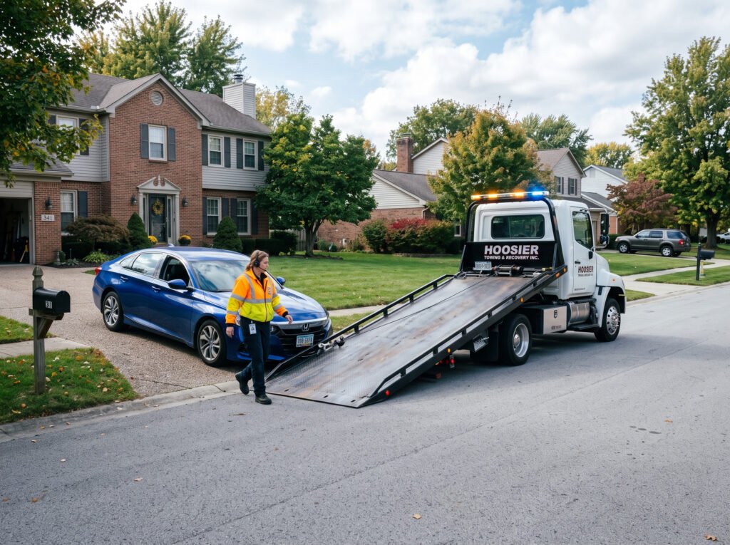 White flatbed tow truck responding to a stalled sedan in a residential driveway in South Bend, Indiana