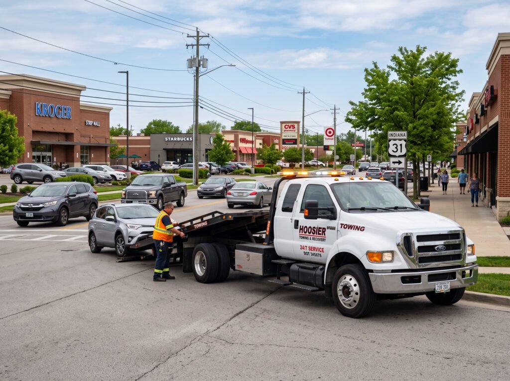 White flatbed tow truck responding on a suburban retail corridor street in Mishawaka, Indiana