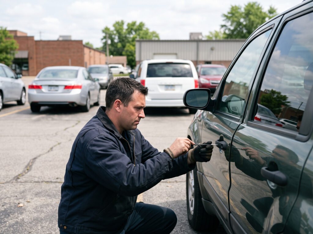 Technician unlocking a car door in a parking lot in Elkhart, Indiana