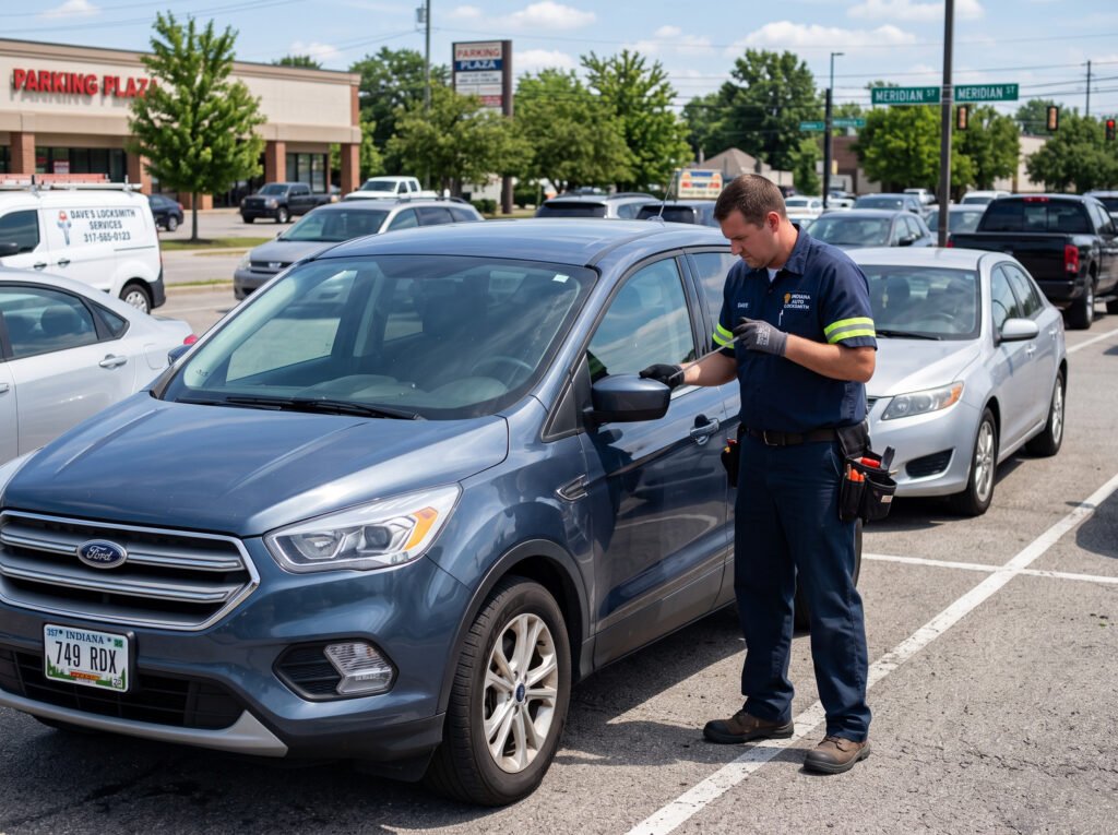Technician unlocking a car door in a parking lot in South Bend, Indiana