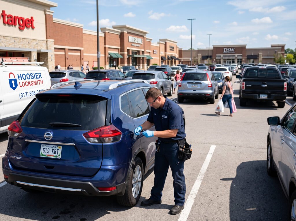 Technician unlocking a car door in a shopping mall parking lot in Mishawaka, Indiana