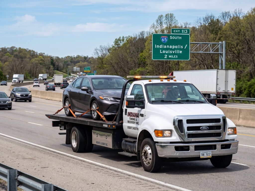 White flatbed tow truck hauling a sedan on a highway near South Bend, Indiana