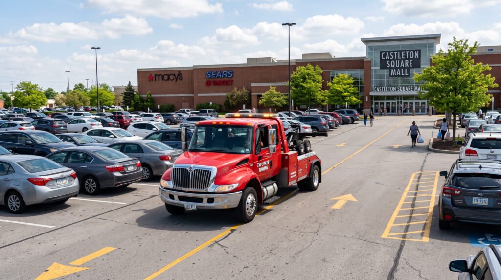 Tow truck navigating a shopping center parking lot near University Park Mall in Mishawaka, Indiana