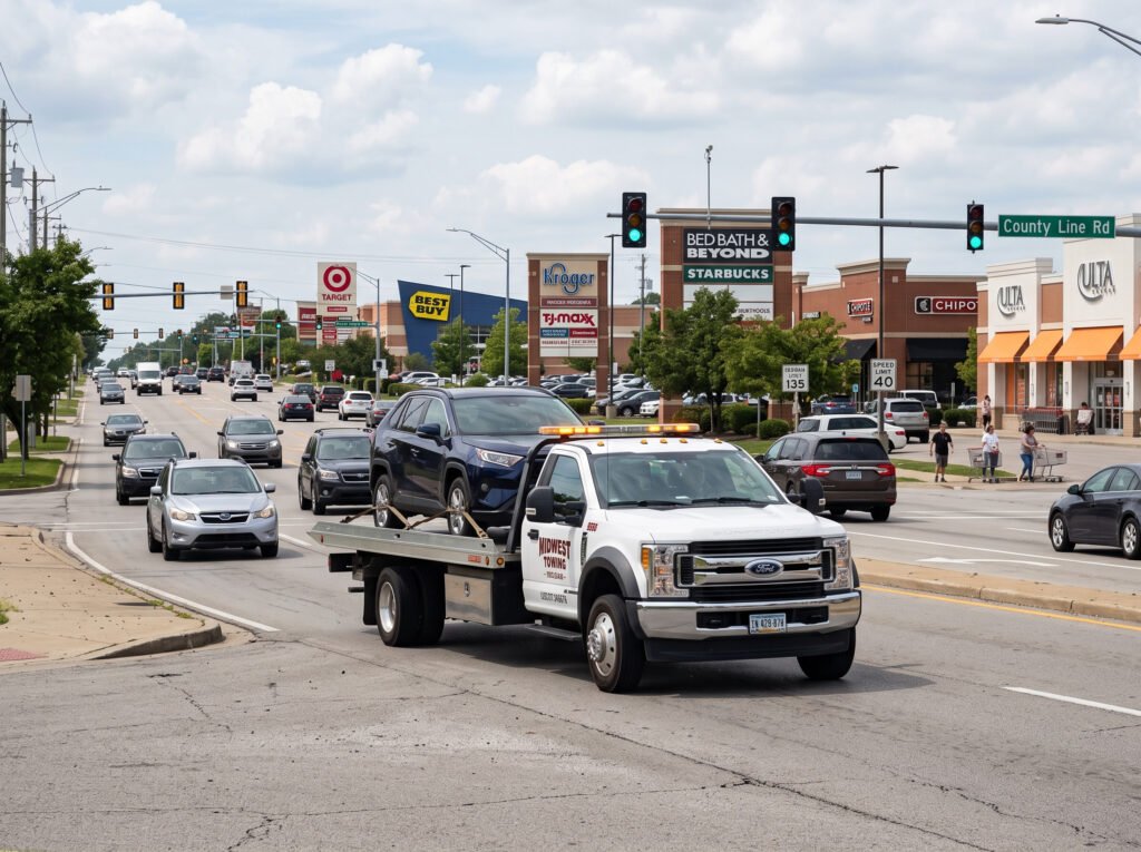 White flatbed tow truck driving along a busy retail corridor in Mishawaka, Indiana