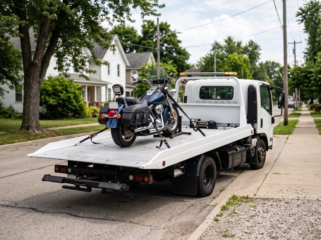 Flatbed tow truck carrying a motorcycle secured with wheel chocks and soft tie-downs in Elkhart, Indiana