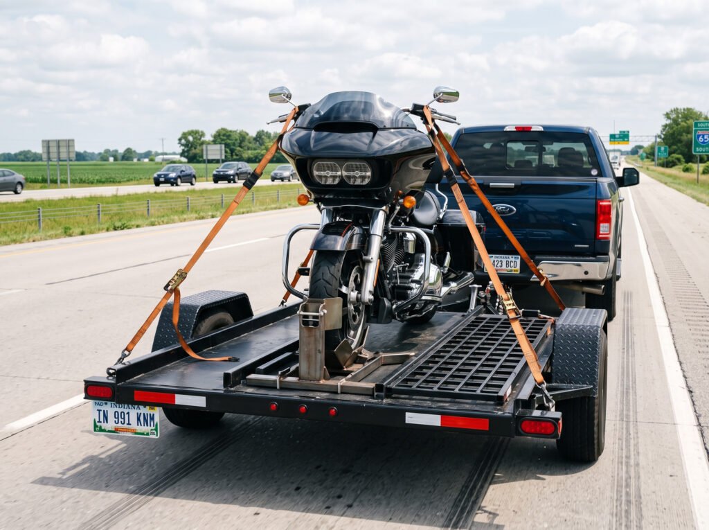 Motorcycle secured upright on a specialized tow trailer in South Bend, Indiana