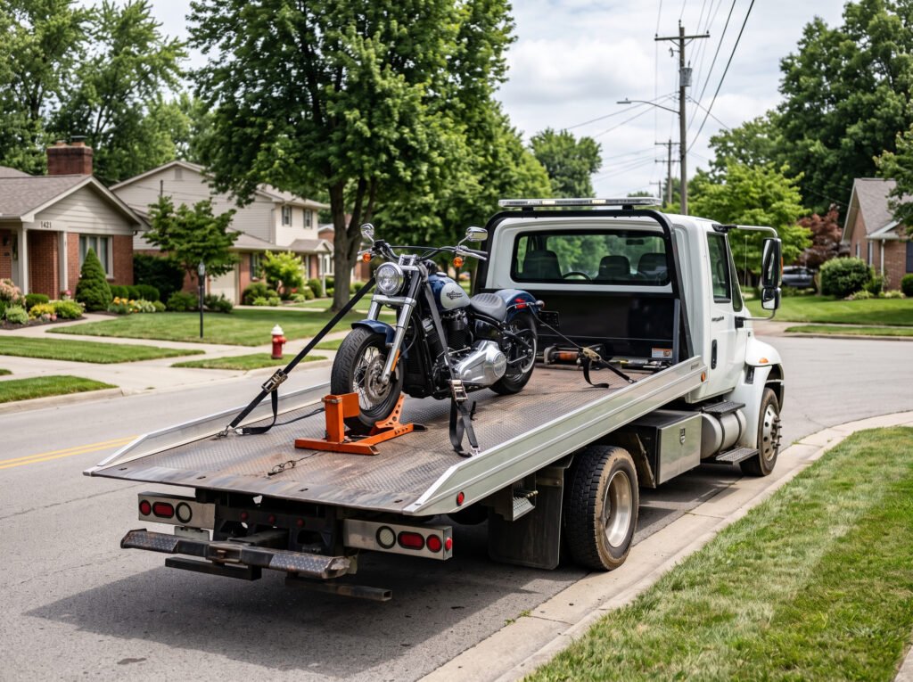 Flatbed tow truck carrying a motorcycle secured with wheel chocks and soft tie-downs in Mishawaka, Indiana