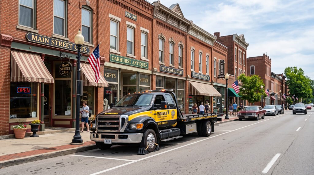Tow truck parked on a historic Main Street with brick storefronts in New Carlisle, Indiana