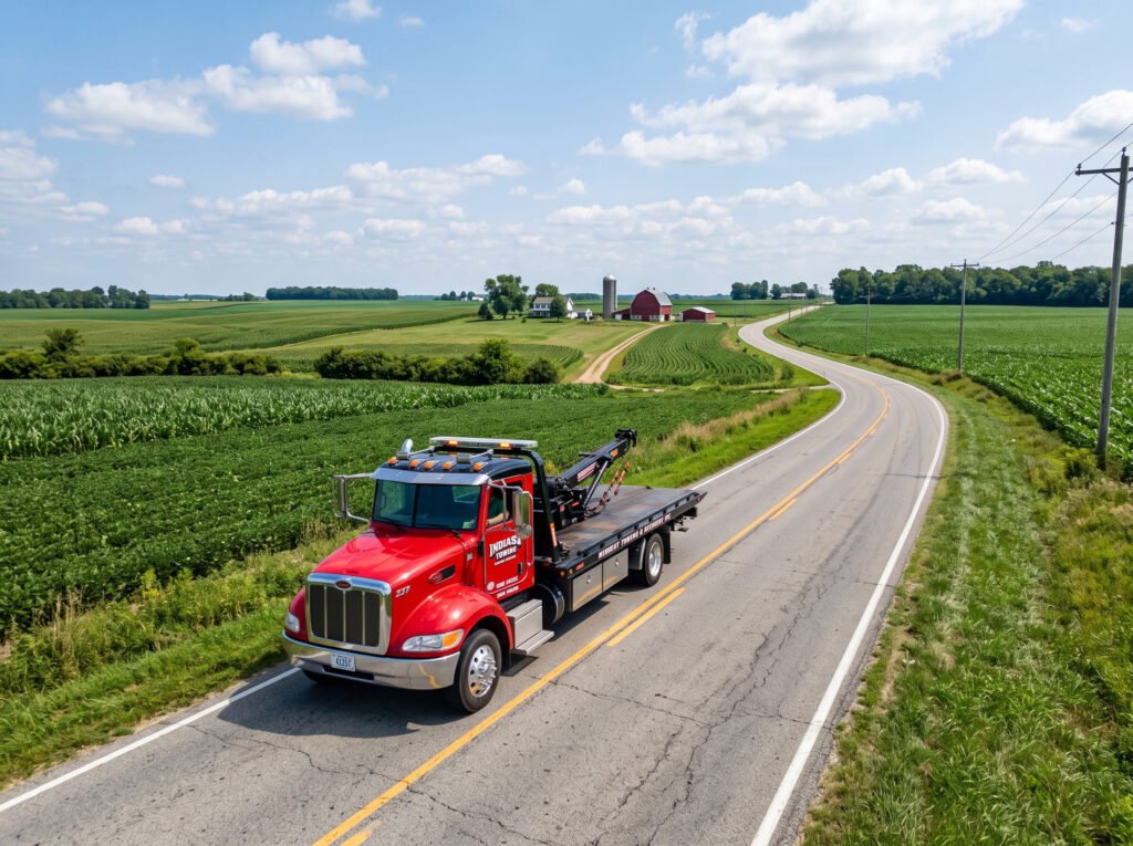 Tow truck on a rural highway with farmland near New Carlisle, Indiana