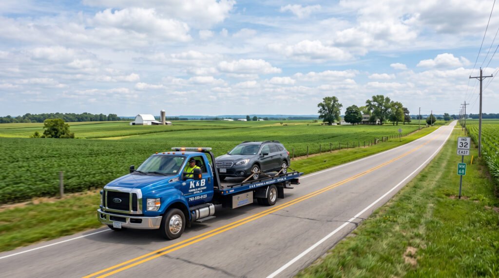 Tow truck driving on a rural state highway through farmland near North Liberty, Indiana