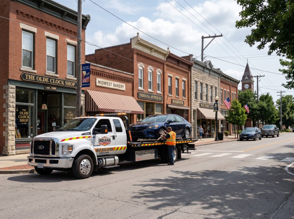 Tow truck on a quiet street near the historic downtown of North Liberty, Indiana