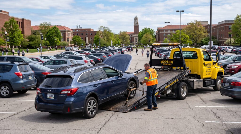 Tow truck assisting a vehicle in a large campus-adjacent parking lot near Notre Dame, Indiana
