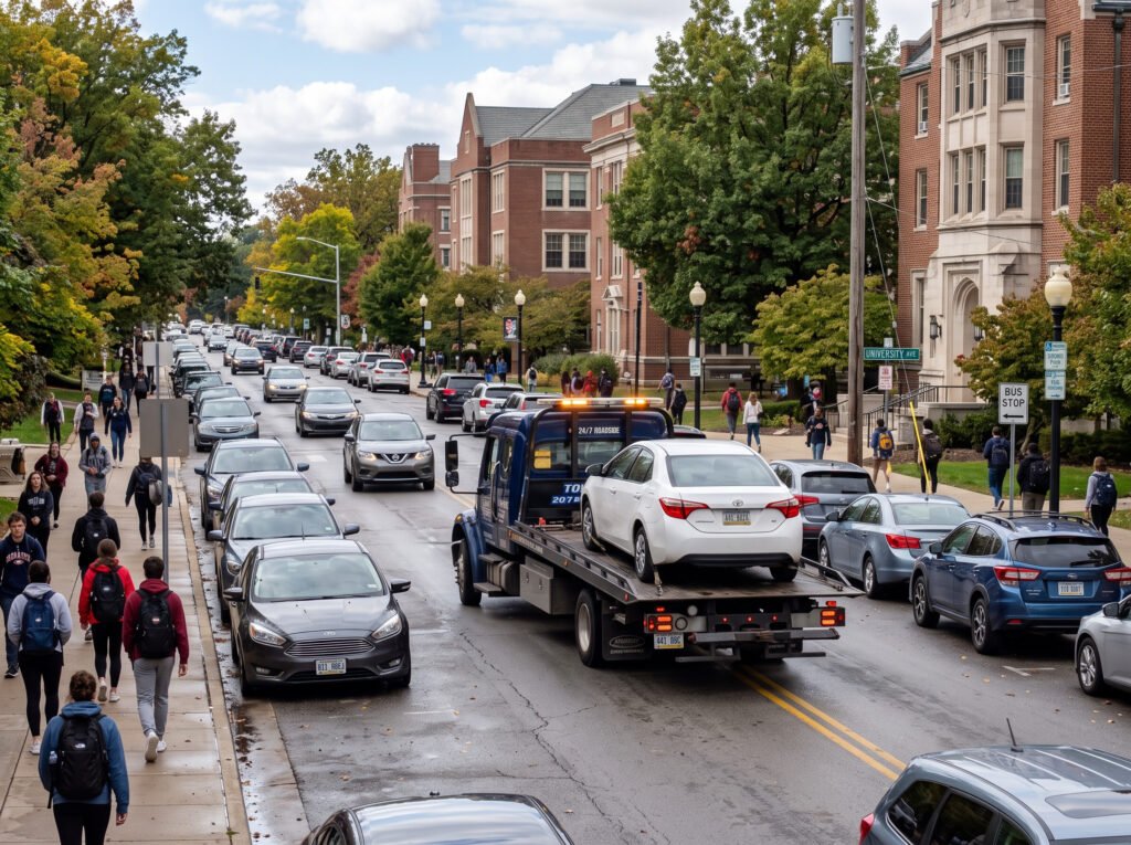 Tow truck navigating a busy street near the Notre Dame area with parked cars, Indiana