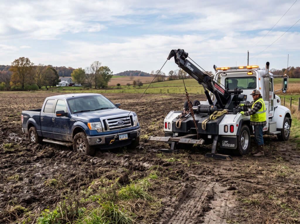 Tow truck recovering a pickup truck stuck in a muddy field near South Bend, Indiana