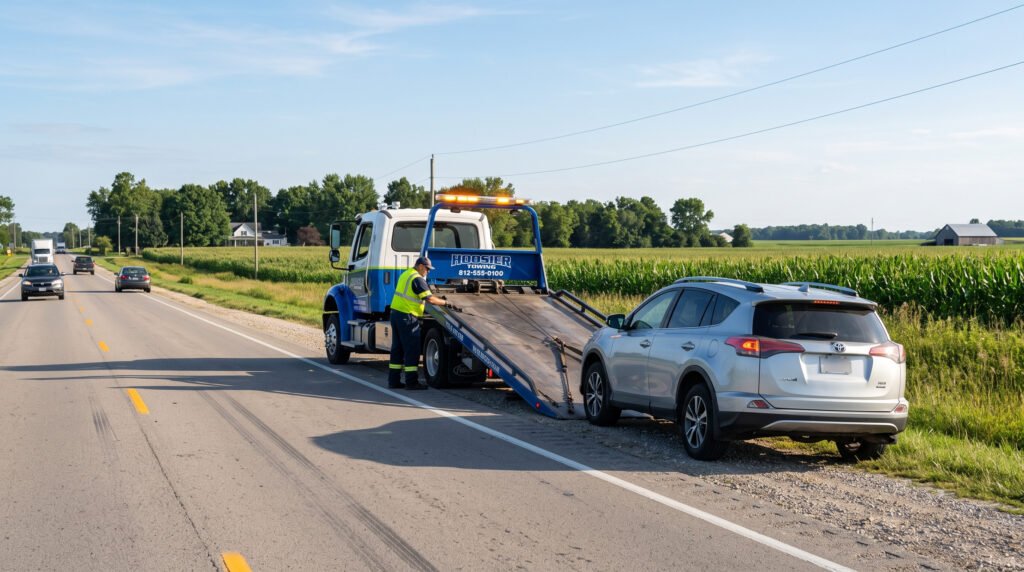 Tow truck responding to a car on the shoulder of a rural highway near Osceola, Indiana