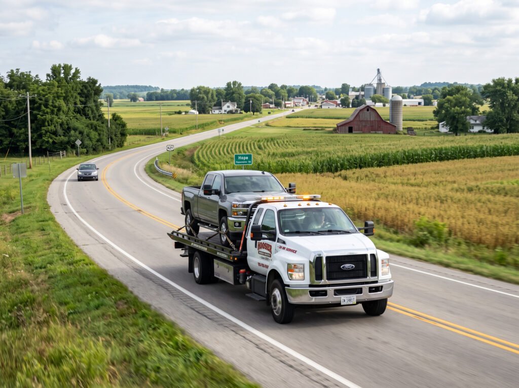 Tow truck driving on a two-lane highway near Osceola, Indiana