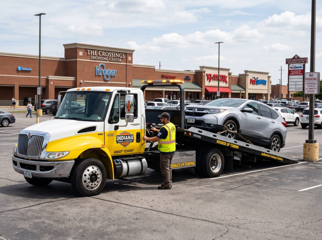Tow truck removing an unauthorized vehicle from a commercial parking lot in South Bend, Indiana