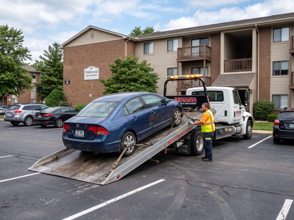 Tow truck removing a vehicle from an apartment complex parking lot in South Bend, Indiana