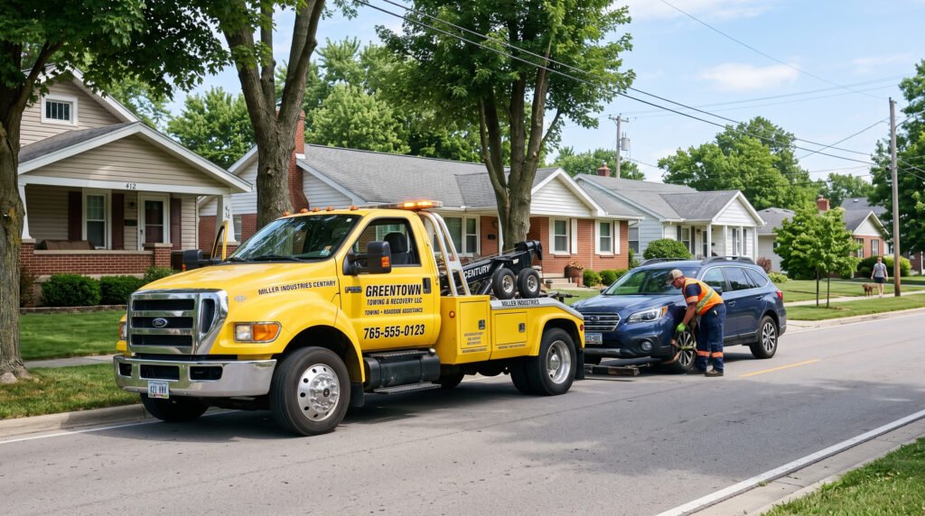 Tow truck parked beside a car on a residential street in Roseland, Indiana
