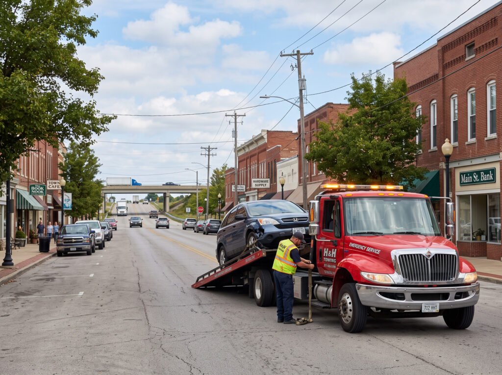 Tow truck on a quiet street in Roseland, Indiana with a highway overpass in the distance