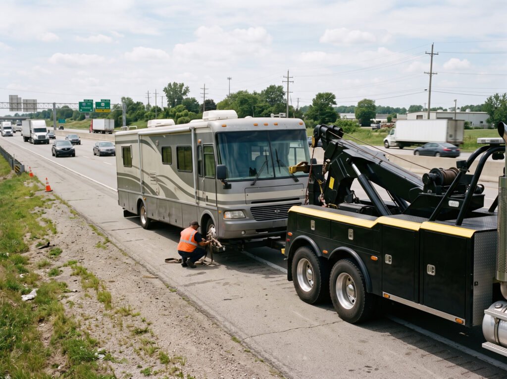 Heavy-duty tow truck using a wheel-lift to hook up to a motorhome RV in Elkhart, Indiana