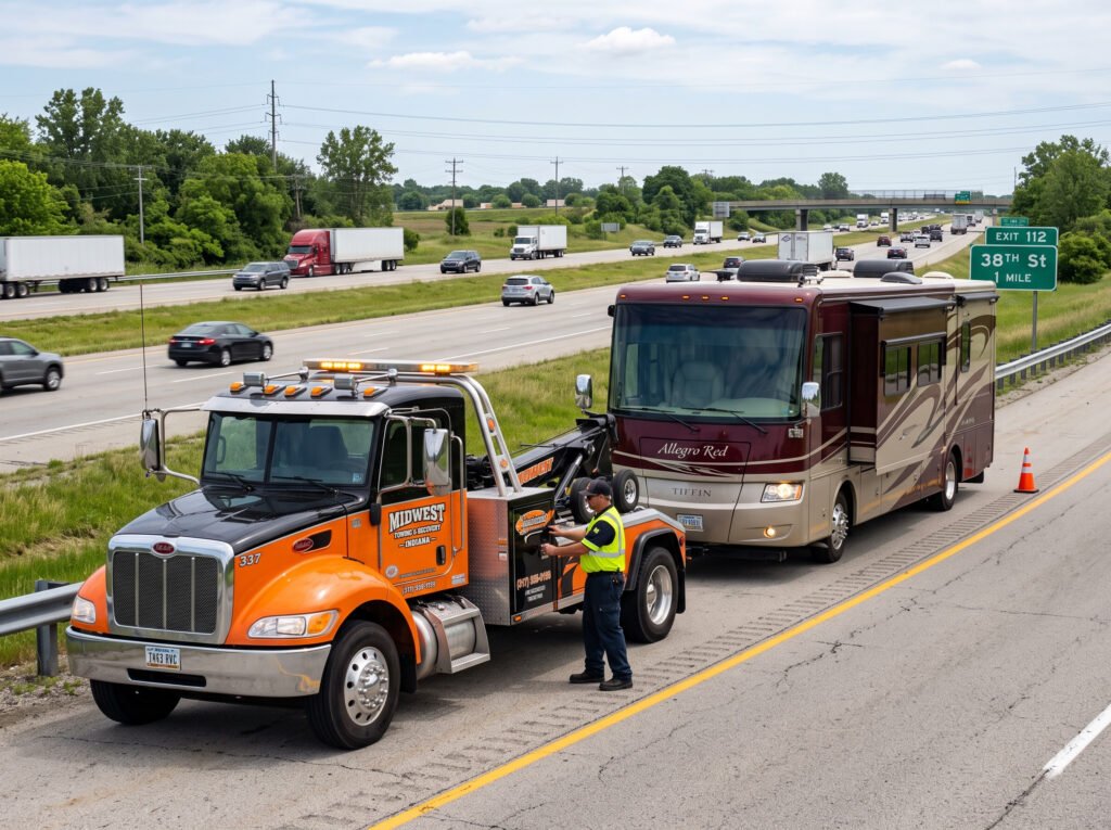 Tow truck assisting a large motorhome on a highway shoulder near South Bend, Indiana