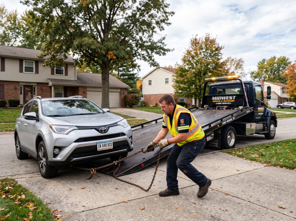 Tow truck driver hooking up a car in a driveway in South Bend, Indiana