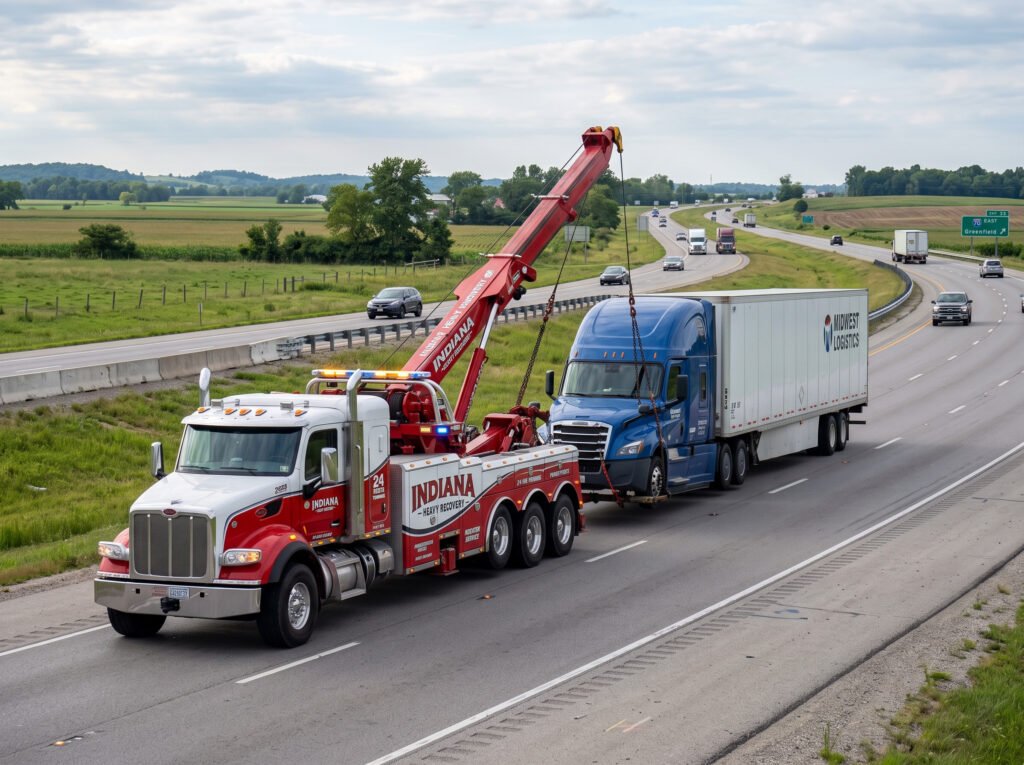 Heavy rotator wrecker towing a semi tractor-trailer near South Bend, Indiana