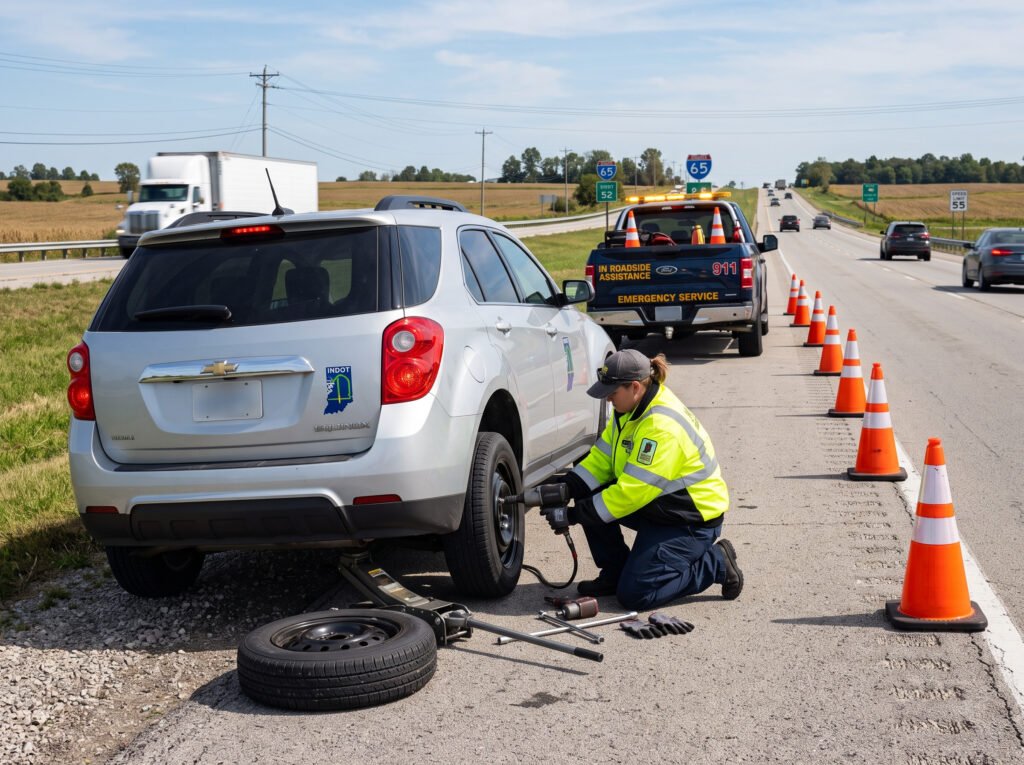 Roadside technician changing a flat tire with safety cones set up in South Bend, Indiana