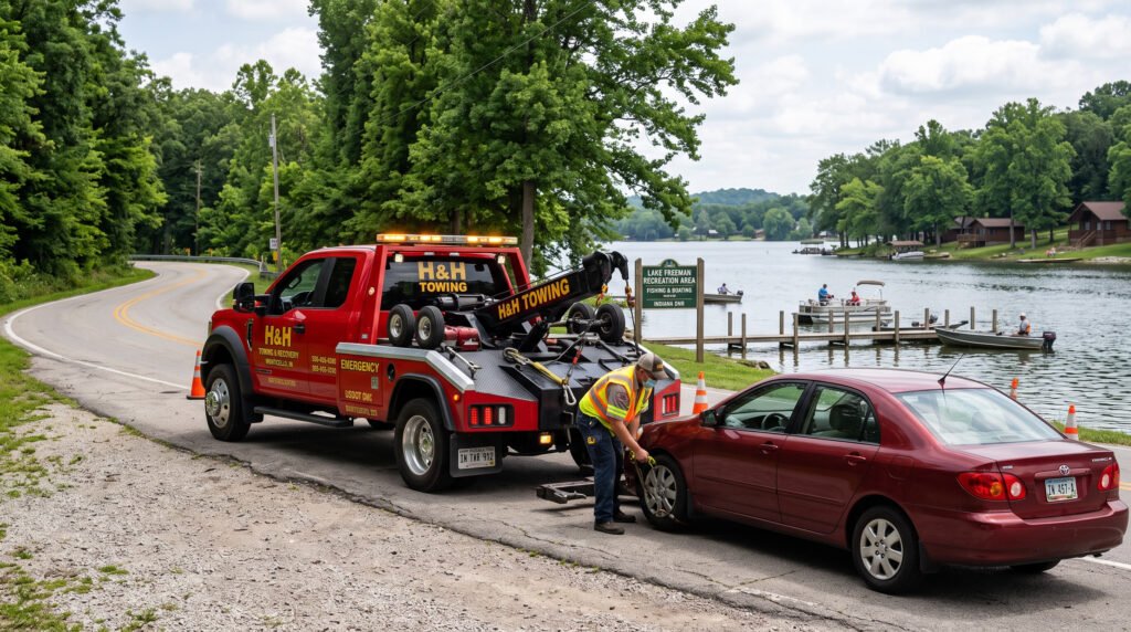 Tow truck responding near a small town fishing lake area in Walkerton, Indiana