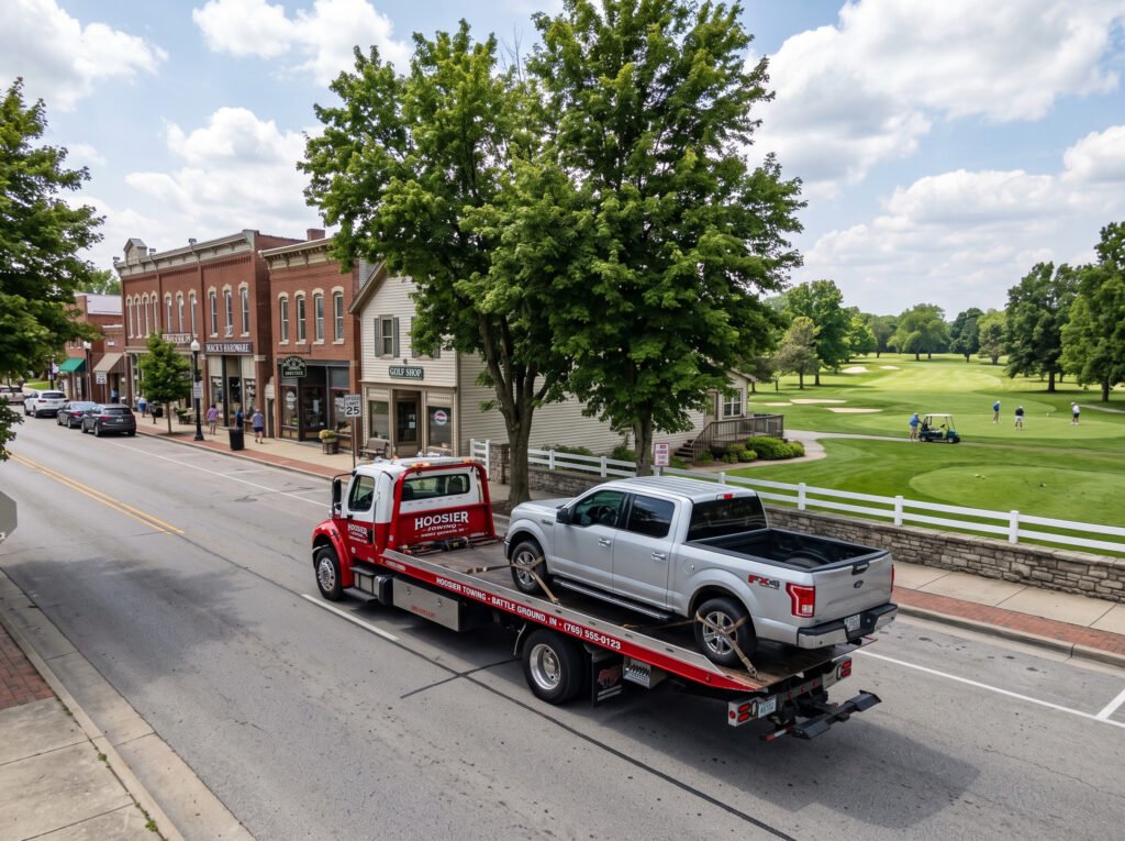 Tow truck on a small town street near a golf course in Walkerton, Indiana