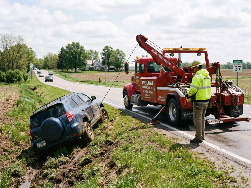 Tow truck winching a car out of a roadside ditch in South Bend, Indiana