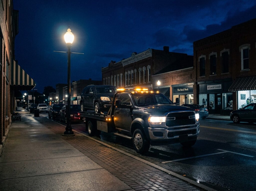 Tow truck under a streetlight at night ready for a 24 hour tow in Walkerton, Indiana