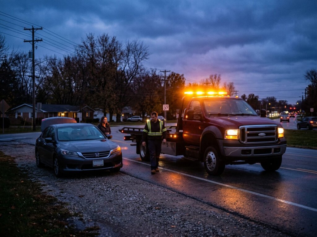 Tow truck with hazard lights arriving roadside for an emergency tow in Granger, Indiana
