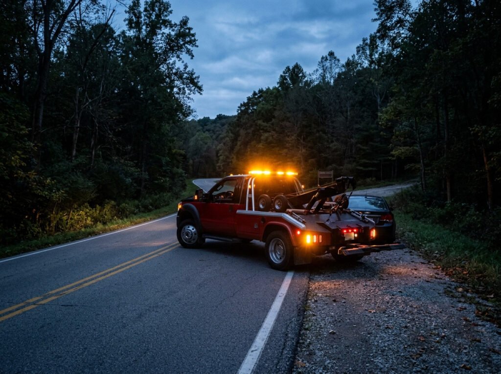 Tow truck with hazard lights arriving roadside near Potato Creek State Park in Lakeville, Indiana