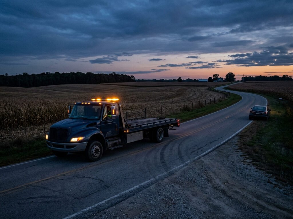 Tow truck with hazard lights arriving roadside for an emergency tow near New Carlisle, Indiana