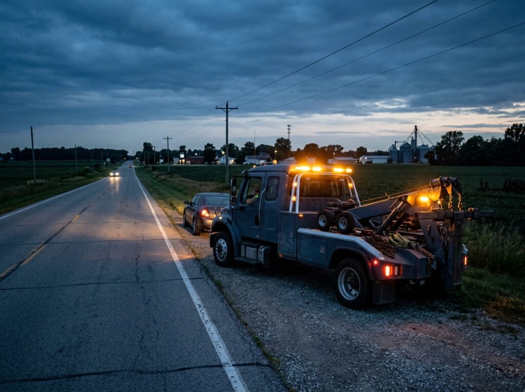 Tow truck with hazard lights arriving roadside for an emergency tow near North Liberty, Indiana