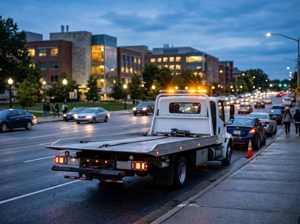 Tow truck with hazard lights arriving roadside for an emergency tow near Notre Dame, Indiana