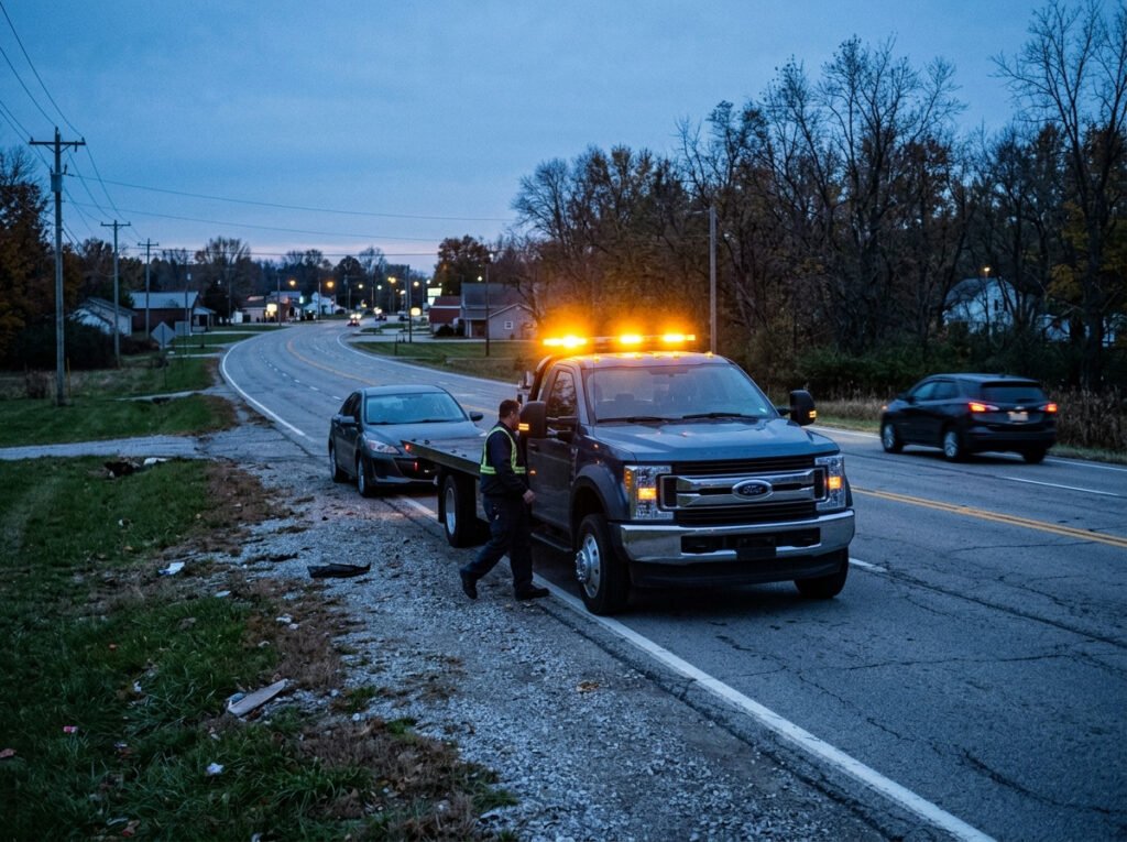 Tow truck with hazard lights arriving roadside for an emergency tow in Osceola, Indiana