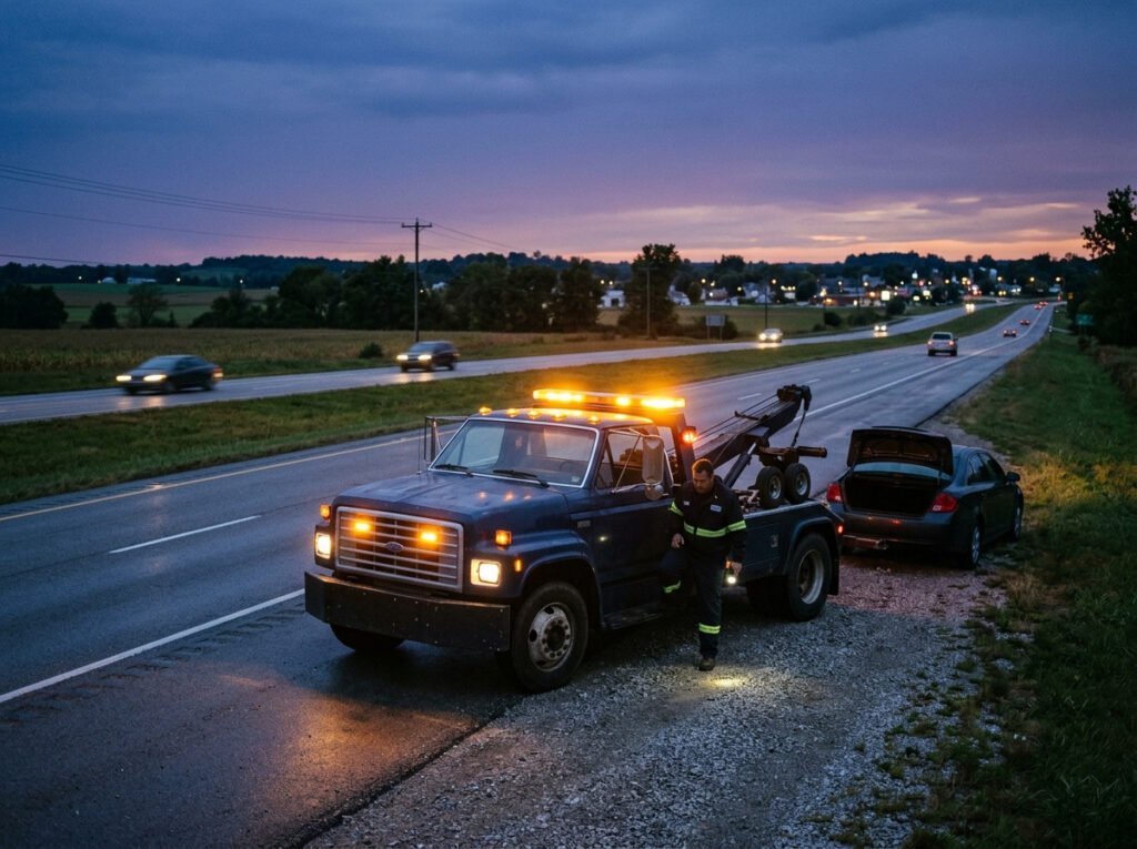 Tow truck with hazard lights arriving roadside for an emergency tow in Roseland, Indiana