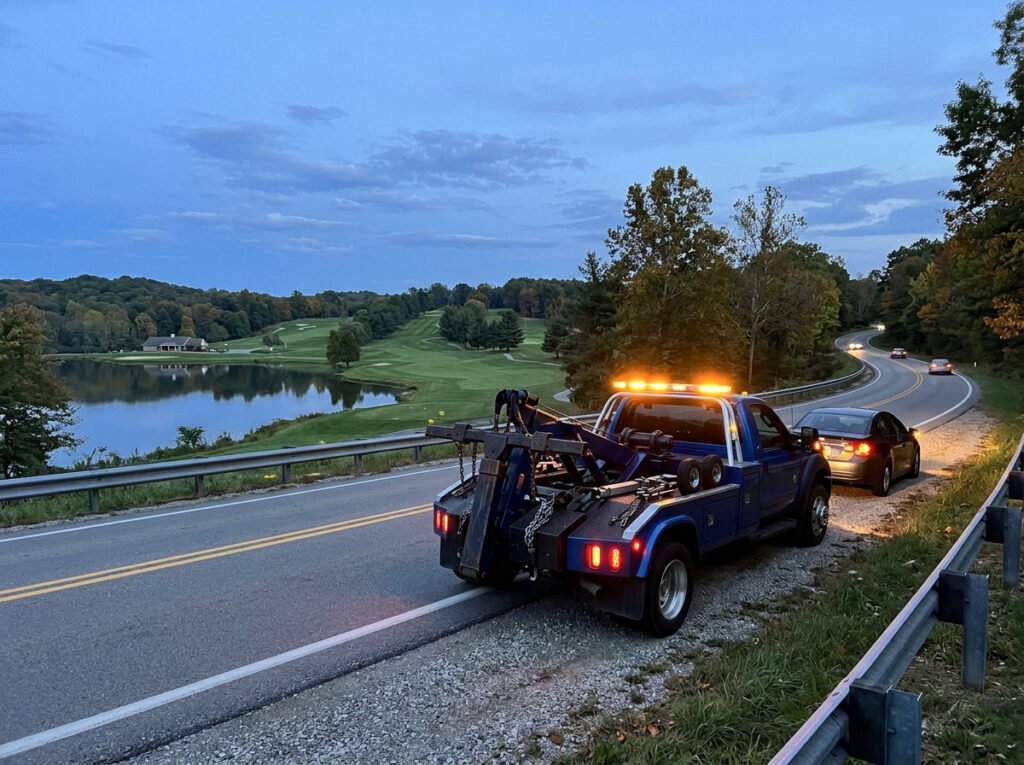 Tow truck with hazard lights arriving roadside near a lake and golf course area in Walkerton, Indiana