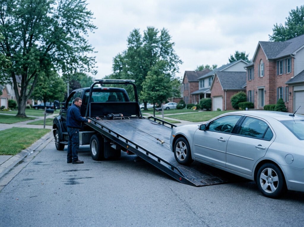 Flatbed tow truck loading a sedan onto its bed in Granger, Indiana