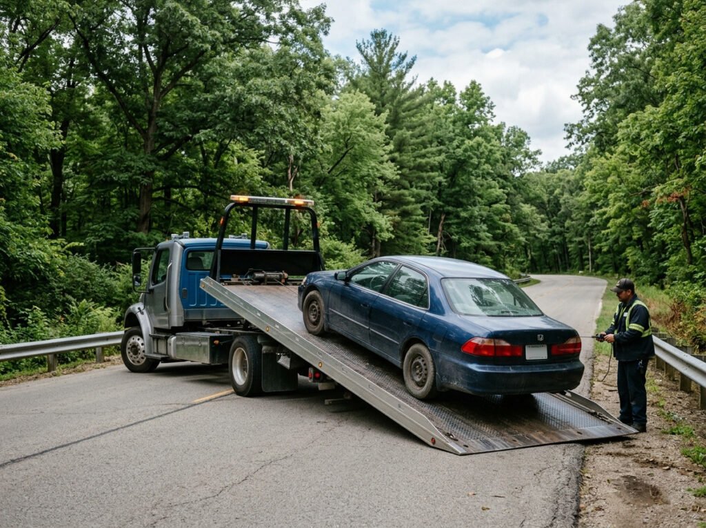 Flatbed tow truck loading a sedan near a wooded park area in Lakeville, Indiana